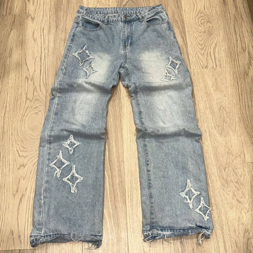 Sumwon Streetwear Star Patch Faded Distressed Jeans Mens 30x30 Medium